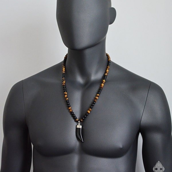 Healing crystal jewelry Men's necklace Viking jewelry Shamballa necklace Long horn necklace Tigers Eye Black Onyx pendant necklace Mens gift