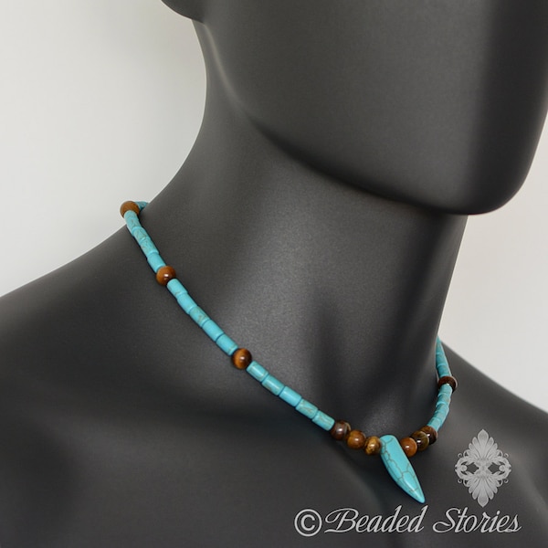 Native American inspired necklace Mens necklace Blue horn necklace Tigers Eye Turquoise necklace Mens gift Anniversary gift for boyfriend