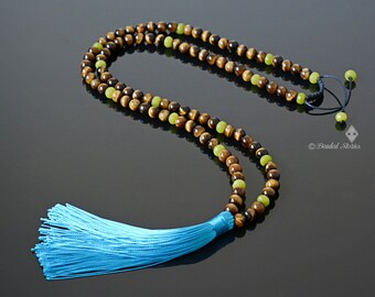 August Birthstone Jewelry - Blue Tassel Necklace - Birthday Gift for Her - Peridot & Tiger Eye 108 Beads Mala - Boho Long Gemstone Necklace