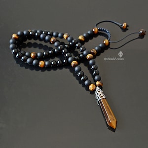 Crystal jewelry Long men's necklace Healing crystal necklace Onyx Tigers Eye pendant necklace Black brown necklace Shamballa energy necklace
