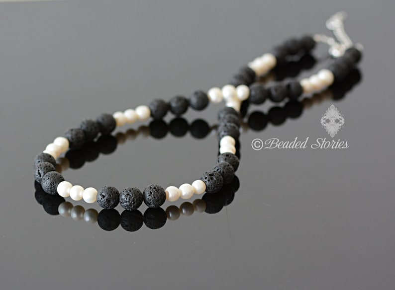 Women/'s necklace Pearl necklace June birthstone jewelry Lava necklace Black and white necklace Boho necklace Classy necklace Gift for Her