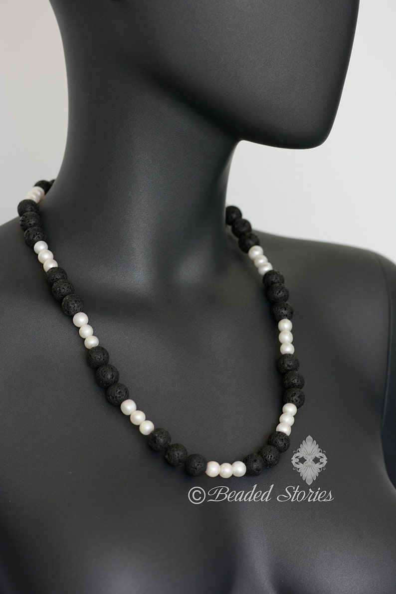 Women/'s necklace Pearl necklace June birthstone jewelry Lava necklace Black and white necklace Boho necklace Classy necklace Gift for Her