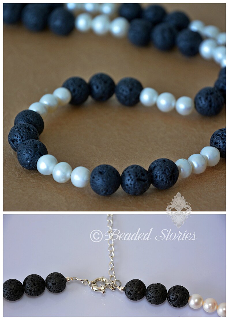 Women/'s necklace Pearl necklace June birthstone jewelry Lava necklace Black and white necklace Boho necklace Classy necklace Gift for Her
