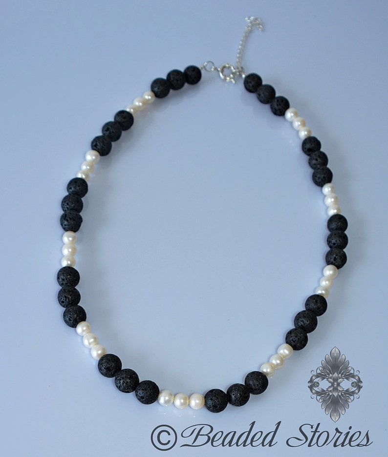 Women/'s necklace Pearl necklace June birthstone jewelry Lava necklace Black and white necklace Boho necklace Classy necklace Gift for Her