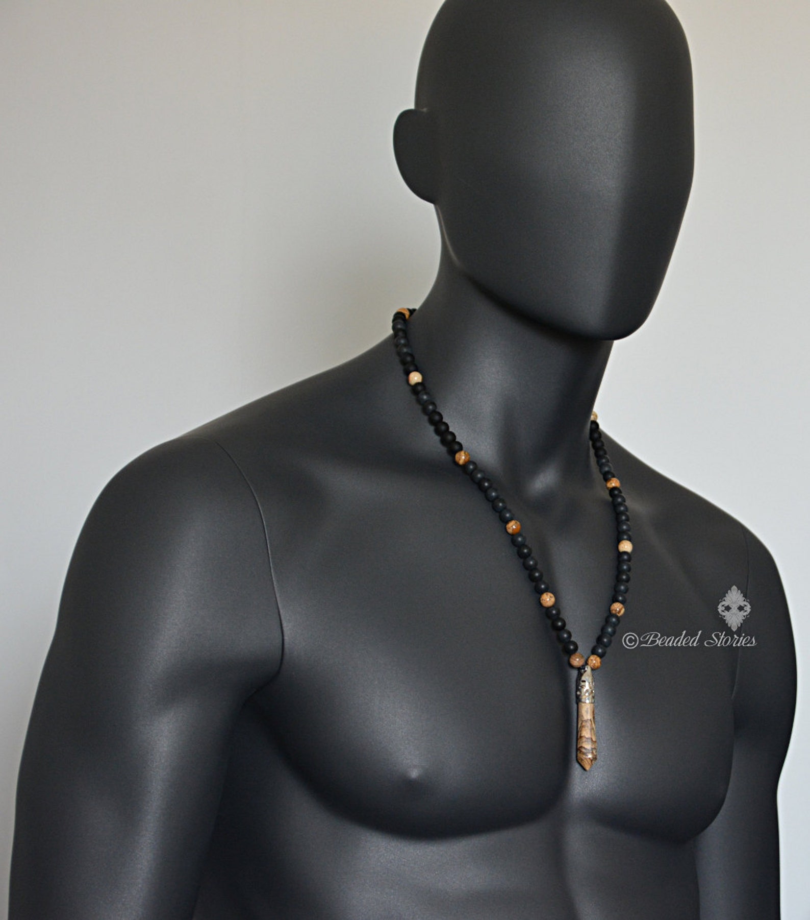 Mens Beaded Necklace Long Black Necklace for Men Jewelry Etsy