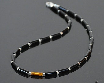 Heren ketting - Zwarte Onyx Tijgeroog kralen ketting - Bescherming ketting – Aarding ketting - Genezende sieraden voor mannen - Geschenken voor mannen