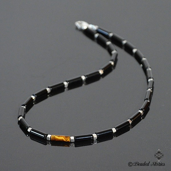 Mens Necklace - Black Onyx Tiger Eye Beaded Necklace - Protection Necklace – Grounding Necklace - Healing Jewelry for Men - Gifts for Men