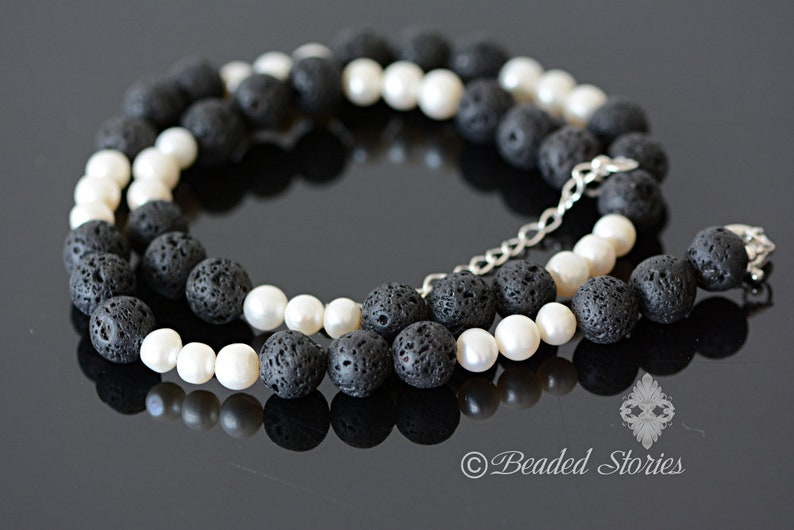 Women/'s necklace Pearl necklace June birthstone jewelry Lava necklace Black and white necklace Boho necklace Classy necklace Gift for Her