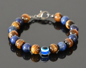 Pulsera Evil Eye - Pulsera con cuentas para hombre - Joyería Tiger Eye Lapis Lazuli para hombres - Regalos de piedra de nacimiento de septiembre para él - Pulsera de protección