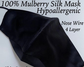 MEN SILK MASK Black Mulberry Silk Face Mask Unisex Black Mask, 4 layer mask black fabric mask Washable Breathable silk Face Masks