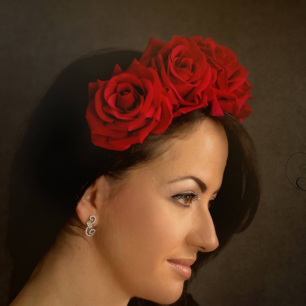 Rose Crown, wine red headband, kids and adult size rustic floral headpiece, Spanish Headpiece, Red Rose Crown, Womens Masquerade Headpiece