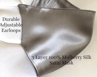 Silver SILK SATIN Mask 3 Layer 100% Filter Pocket Satin Mask Sensitive Skin Mask Blush Satin Face Mask Women Wedding Reusable Mask USA made