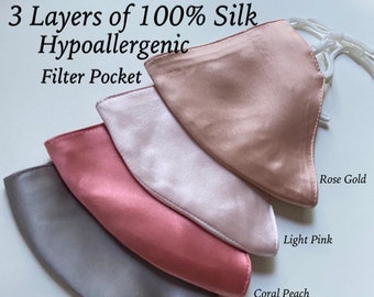 3 Capas 100% Silk Satin Mask Filter Pocket Satin Mask Sensitive Skin Mask Blush Satin Face Mask Women Wedding Reusable Mask luxury USA MADE