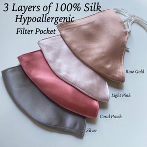 3 Layer 100% Silk Satin Mask Filter Pocket Satin Mask Sensitive Skin Mask Blush Satin Face Mask Women Wedding Reusable Mask luxury USA MADE