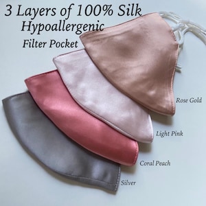 3 Strati 100% Seta Satin Mask Filter Pocket Satin Mask Sensitive Skin Mask Blush Satin Face Mask Women Wedding Reusable Mask luxury USA MADE