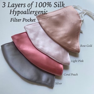 3 Layer 100% Silk Satin Mask Filter Pocket Satin Mask Sensitive Skin Mask Blush Satin Face Mask Women Wedding Reusable Mask luxury USA MADE