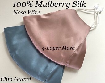 2-Pack 4 Layers Face Masks 100% Mulberry Pure Silk Face Mask Breathable Comfortable Face Masks Adjustable Ear Loops, Washable And Reusable