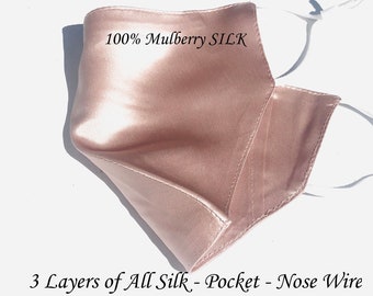 Blush HYPOALLERGENIC Silk Mask 3 Layer 100% Natural Face Mask Filter Pocket Satin Mask Sensitive Skin Mask Blush Women Wedding Reusable Mask