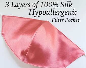 100% Silk Mask Silk Face Mask 3 Layer Satin face Mask hypoallergenic Face Mask Rose Gold Satin Mask Women luxury Mask Filter Pocket USA MADE