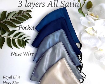 Máscaras de satén azul marino Indigo Royal Máscara azul dama de honor máscaras de dama de honor máscara nupcial máscara novia máscara facial máscaras de noche FILTRO NARIZ BOLSILLO DE ALAMBRE