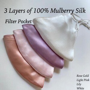 Purple Silk Mask 3 Layer 100% Natural Face Mask Filter Pocket Satin Mask Sensitive Skin Mask Blush Women Wedding Reusable Mask USA MADE