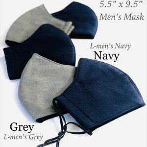 May include: A collection of face masks in navy blue and grey. The masks are approximately 5.5 inches by 9.5 inches. The text on the image reads "Grey", "Navy", and "Men's Mask".
