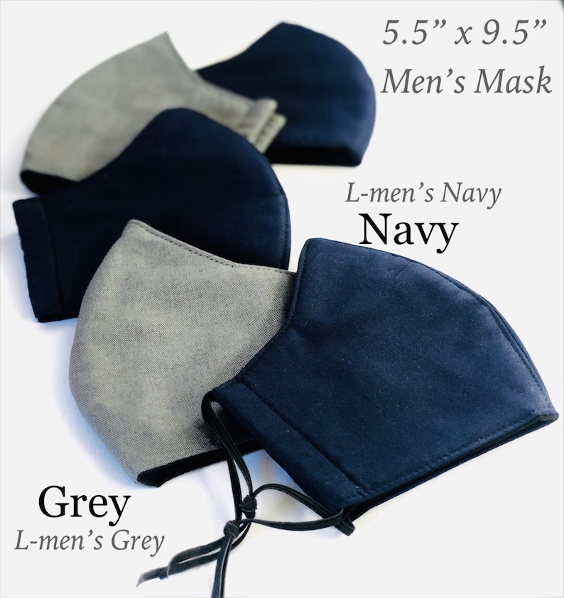 May include: A collection of face masks in navy blue and grey. The masks are approximately 5.5 inches by 9.5 inches. The text on the image reads "Grey", "Navy", and "Men's Mask".