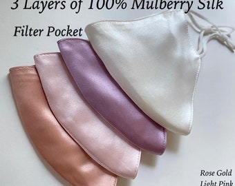 100% Silk Fabric Mask filter Pocket 3 Layers ALL SILK hypoallergenic Silk Mask Satin Mask Wedding mulberry Silk Face Mask Women Wedding Mask