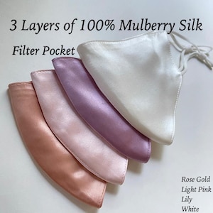 100% Silk Satin face Mask 3 Layers Silk Mask ipoallergenic Satin Mask Wedding Silk Face Mask Women Wedding luxury Filter Pocket USA MADE