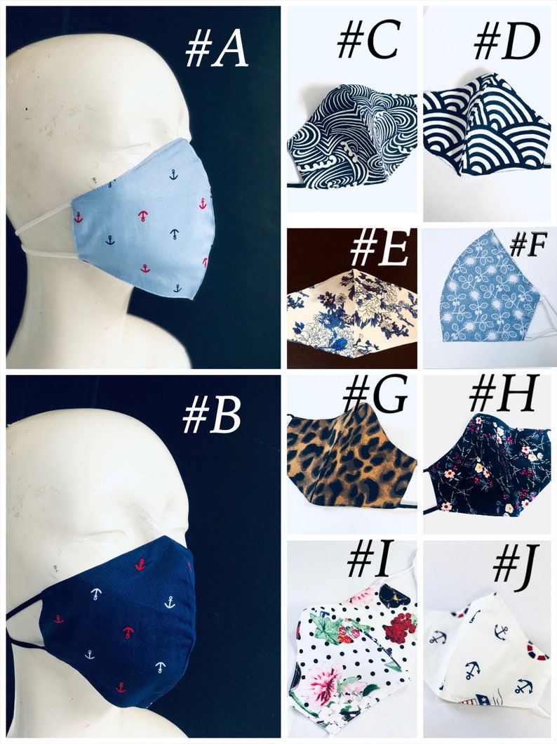 May include: Collection of face masks in various patterns and colors. Includes light blue with red anchors, navy with red anchors, black and white wave design, floral, and leopard print.
