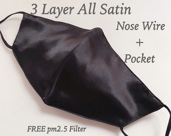 Negro Satin Face Mask Negro 3 Layer Mask Bridesmaid Mask Wedding Mask Bridal Mask bride Face Mask Satin Mask NOSE Wire FILTER POCKET