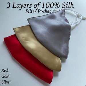 3 layer silk face mask nose wire Wedding Silk Face Mask Women's Reusable Satin with Filter Pocket Fashion Face Masks 3 Layers Made in US image 7