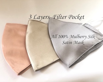 100% Silk Mask Silk Face Mask 3 Layer Satin face Mask hypoallergenic Face Mask Rose Gold Satin Mask Women luxury Mask Filter Pocket USA MADE