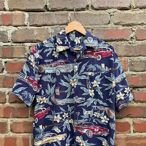 Vintage Hawaiian Kurzarm Muster Shirt Marine blau Vintage Autos Herren