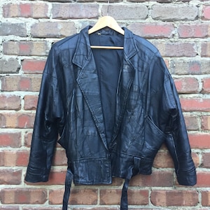 RARE! Veste vintage en cuir noir Patchwork avec ceinture - Style Unisexe des années 70/80