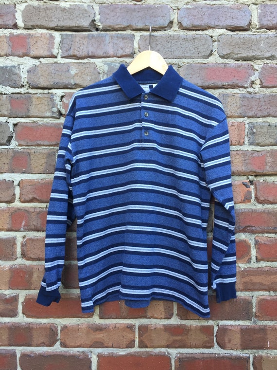 Mens blau Horizontal ausgezogen Langarm Polo Shirt Mens blau Horizontal ausgezogen Langarm Polo Shirt