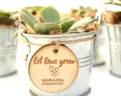 Personalised Wedding Favour Tags, Timber Tags, 'Let Love Grow' with succulent illustration, Set of 10