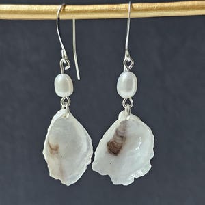 May include: A pair of silver earrings featuring a white pearl and a white oyster shell. The oyster shell has a brown interior.