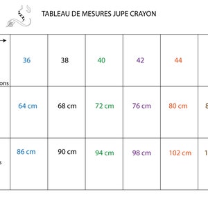 May include: A size chart for a skirt, showing measurements in centimeters for waist and hips, corresponding to sizes 36 to 46.