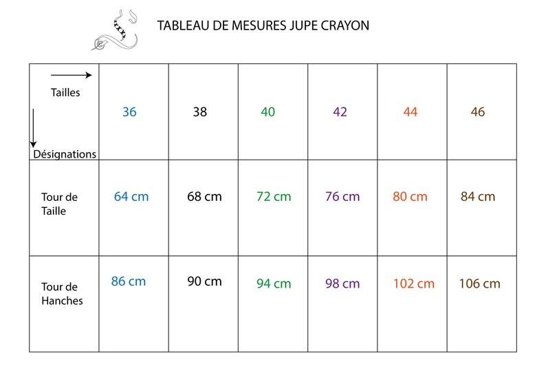 May include: A size chart for a skirt, showing measurements in centimeters for waist and hips, corresponding to sizes 36 to 46.