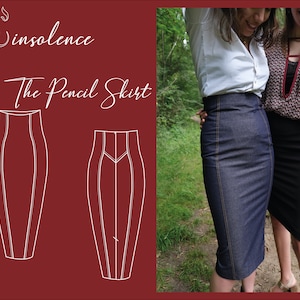 May include: Two women wearing pencil skirts, one in denim and one in black, standing in a forest. The image includes a diagram of a pencil skirt pattern.