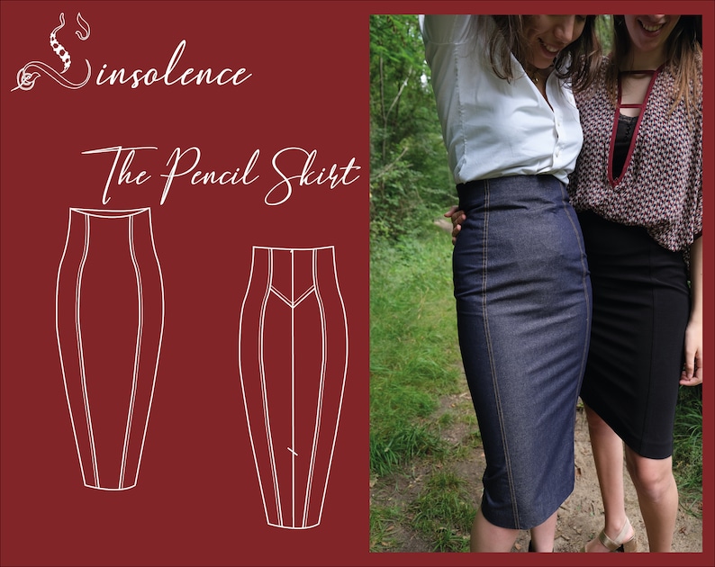 May include: Two women wearing pencil skirts, one in denim and one in black, standing in a forest. The image includes a diagram of a pencil skirt pattern.