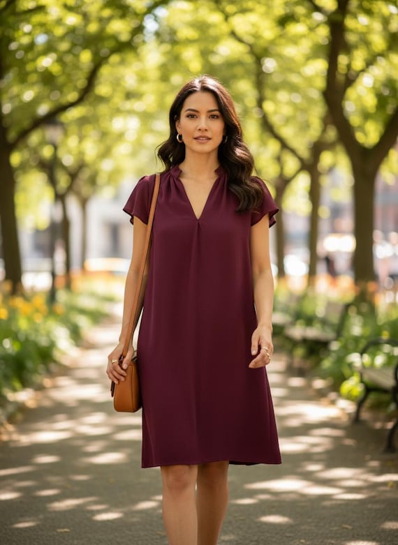 viscose summer dress A4 Crepe Sewing Pattern, Straight Dress With Raglan Sleeves, Dress Pattern for Women, Dress Sewing Pattern FRENCH VERSION neck and slightly deeper butterfly DressBerry Women's Printed Viscose Rayon