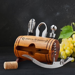 Personalized Laurel Couple 4 Piece Wine Tool Set- Barrel Decor  - Custom Wine Gift Set …