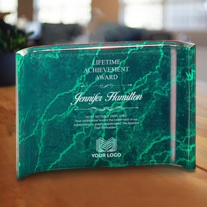 Personalized Marble Acrylic Crescent Award: Custom Laser Engraved Plaque