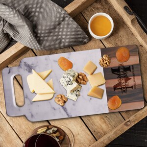 Personalized Monogram 15x7 Faux Hickory Wood and Carrara Marble Melamine Serving Board with Handle