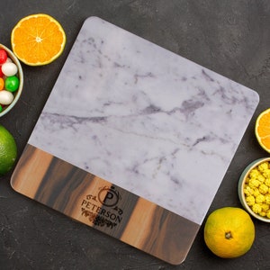Personalized Family Crest 13&quot; Faux Hickory Wood and Carrara Marble Square Melamine Serving Board