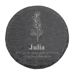 Personalized Flower Design Round Slate Coaster Set of 4, Wedding Gifts, Custom Slate Coasters, Engraved Housewarming Gift, Drink Coaster