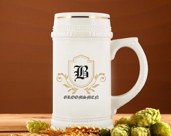 Personalized Emblem 18 oz. White Ceramic Stein, Beer Mug, Custom Beer Mug for Men, Gift for Dad, Groomsmen Gift