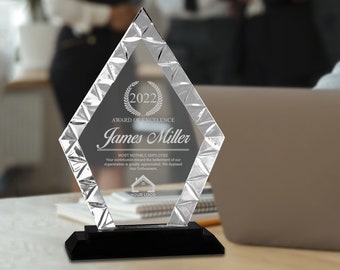 Personalized Diamond Glass Award: Custom Laser Engraved Employee Recognition